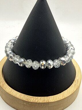 Faceted Silver Crystal Beaded Stretch Bracelet Metallic Grey Shimmer Boho Y2K